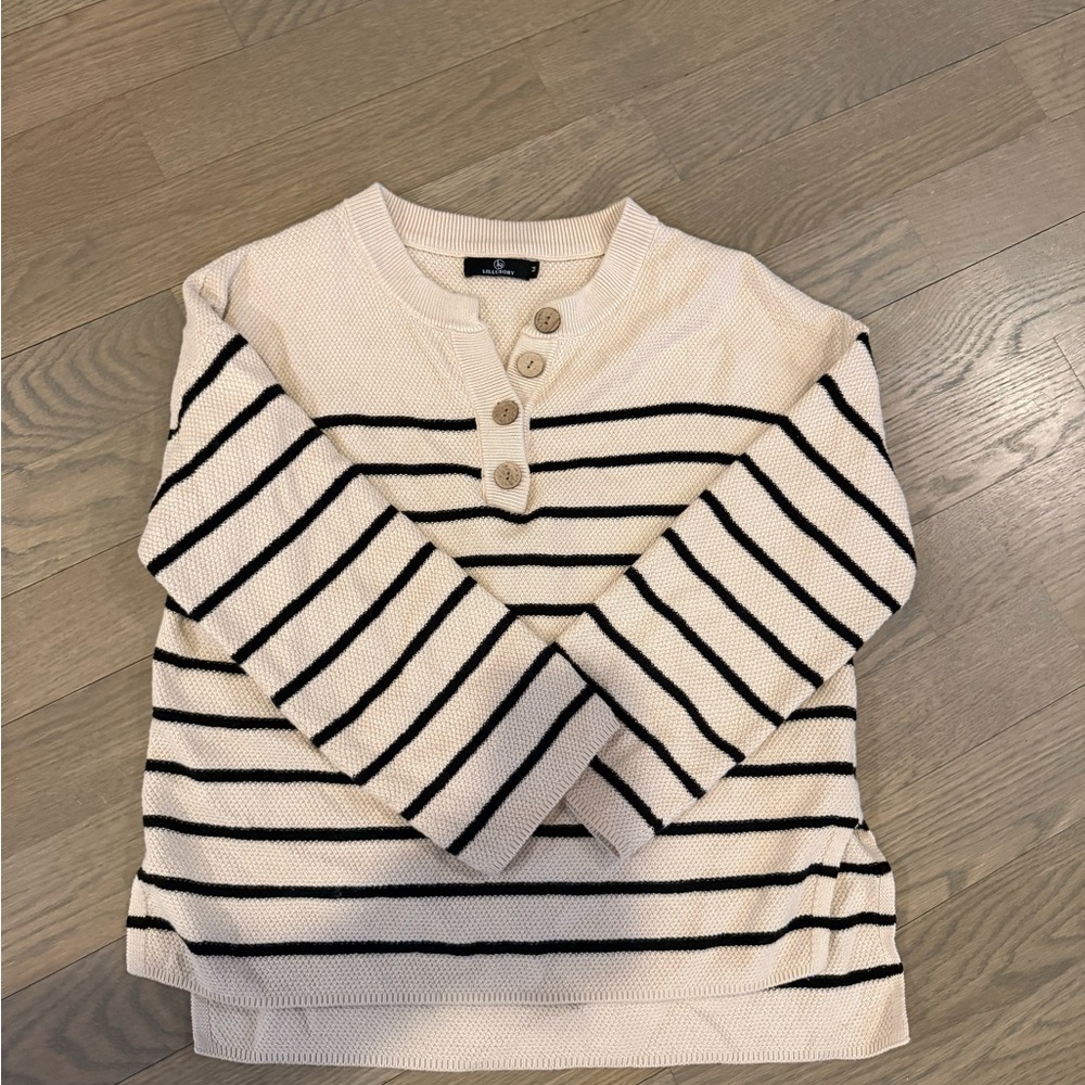 Striped Button Henley Sweater in Cream and Black